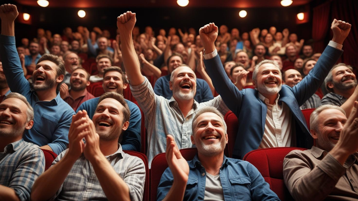 부산국제영화제 상영관에서 관객들이 영화 상영을 마치고 박수치며 환호하는 모습.