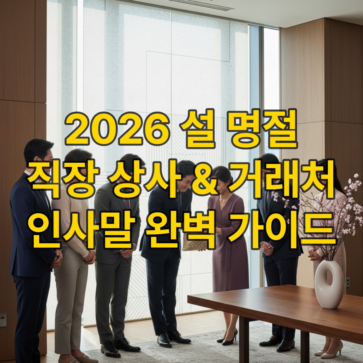 2026년 설 명절, 한국 전통 문양과 현대적인 비즈니스 복장이 어우러진 배경에서 직장 상사와 거래처 관계자들이 서로 덕담을 나누는 모습.