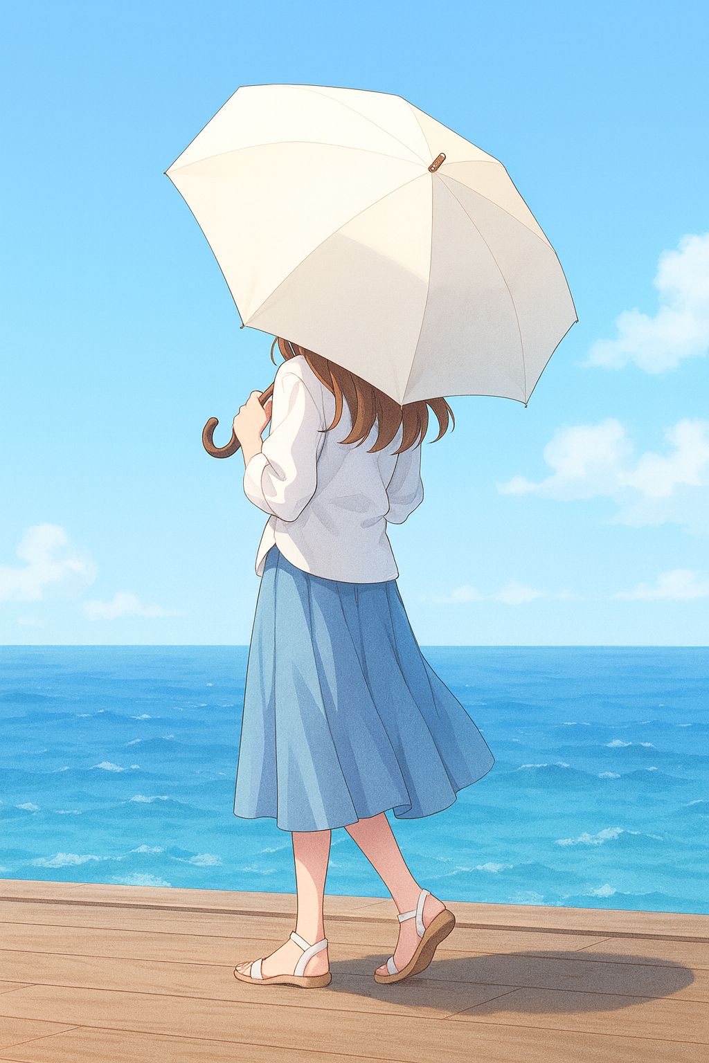 아이보리색 양산을 든 여성이 바닷가 데크 위에서 바다를 바라보며 걷고 있는 애니메이션 스타일 일러스트