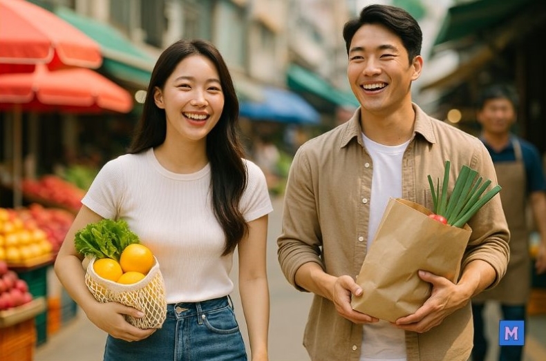 청년일자리 도약장려금 혜택을 받는 젊은 직장인 커플이 시장에서 장보기를 하며 행복한 모습 via canva