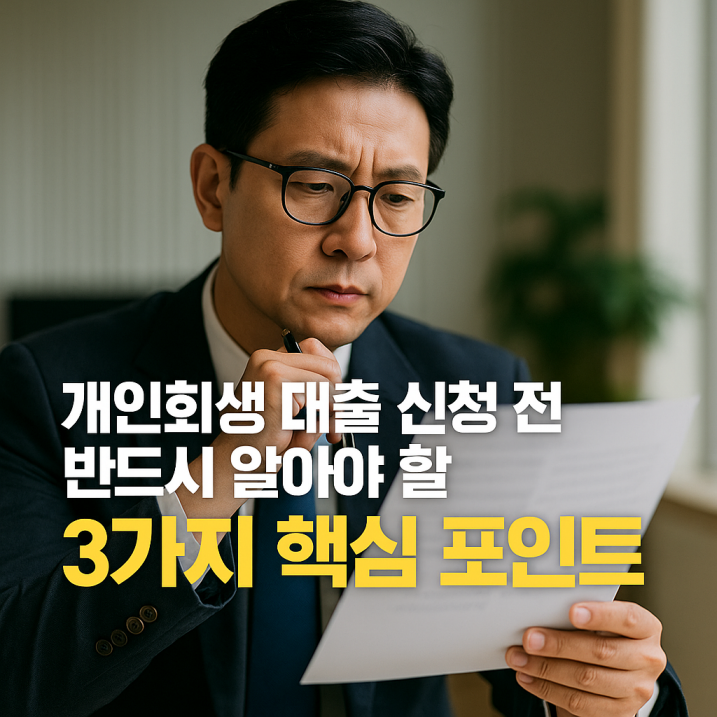 개인회생 대출 신청 전 필수 확인사항을 안내하는 중년 남성의 신뢰감 있는 모습과 핵심 포인트 3가지를 강조한 정사각형 썸네일 이미지