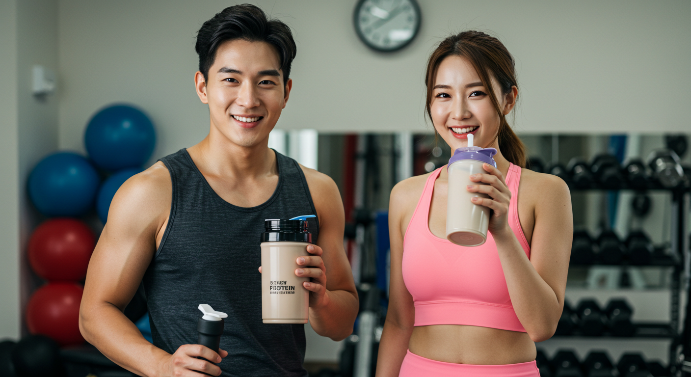 운동 후 피트니스 복장에서 단백질 셰이크를 마시는 젊은 남성과 여성. 밝고 깔끔한 헬스장 배경에서 웃고 있는 모습.