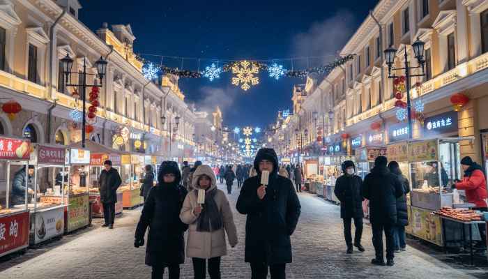눈 내리는 하얼빈 중앙대가의 러시아풍 건축물과 활기찬 겨울 거리 풍경