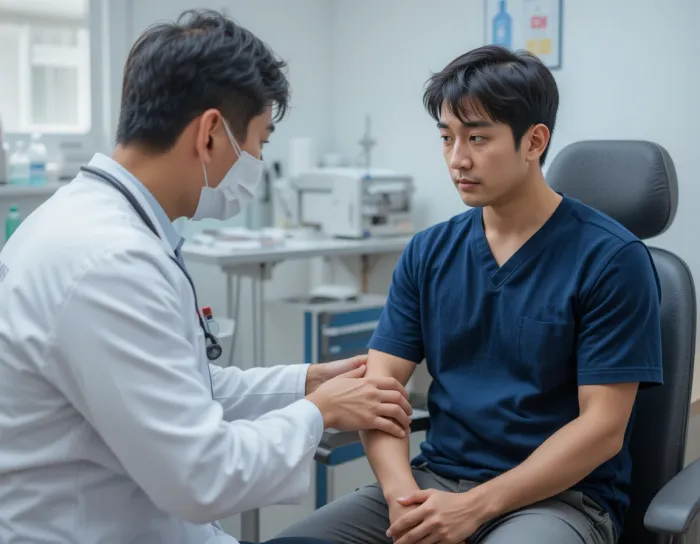 팔꿈치 물혹 진단을 위해 팔꿈치를 보여주는 남성의 모습