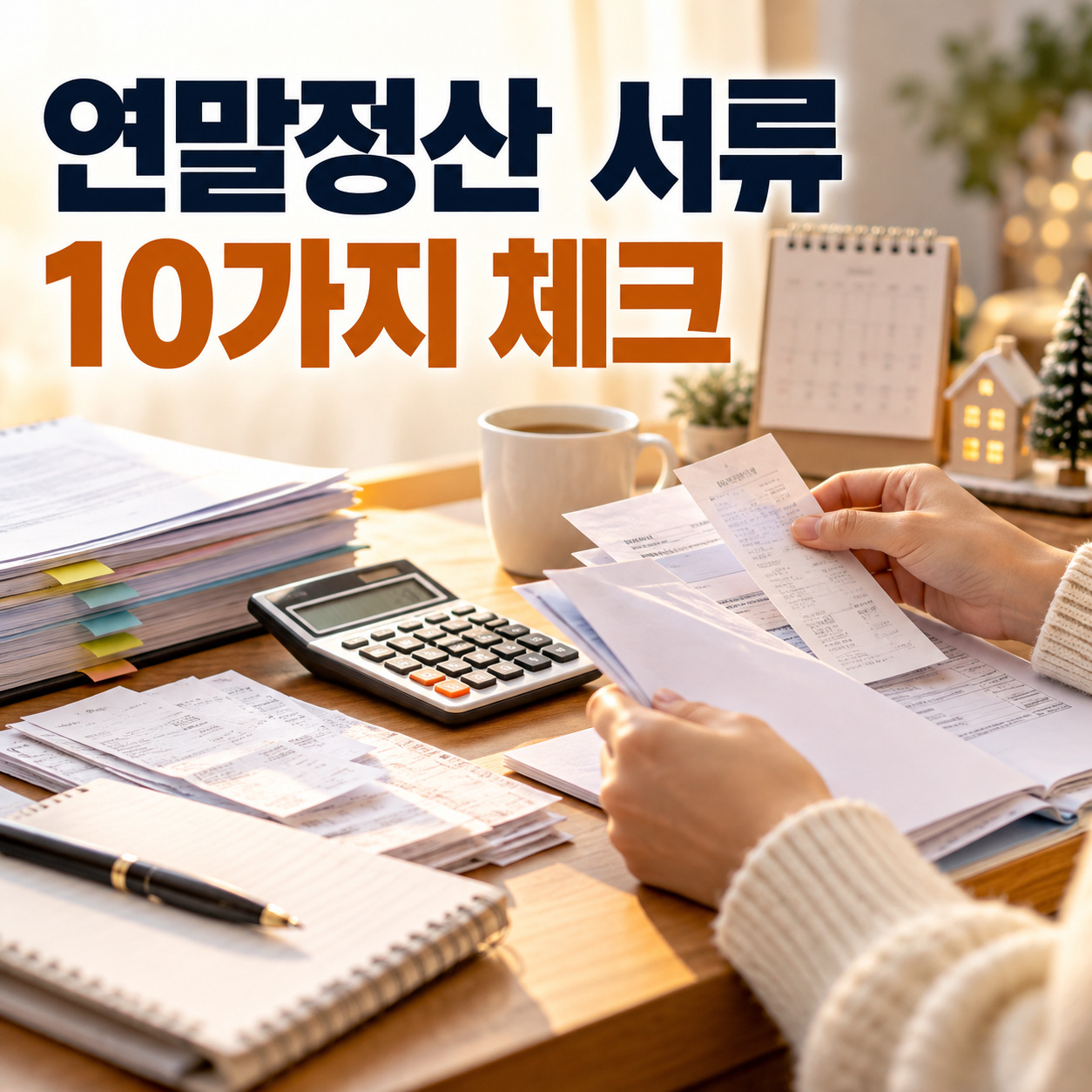 계산기와 영수증을 놓고 연말정산 서류를 정리하는 손 위에 연말정산 서류 10가지 체크라는 글씨가 표시된 대표 이미지