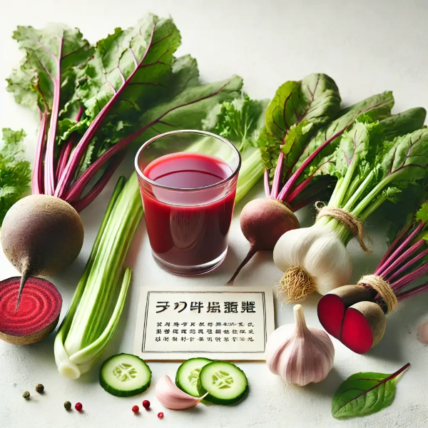 하얀 배경 위에 정리된 비트, 마늘, 셀러리, 잎채소, 비트주스, '자연 혈압 관리' 메모카드의 전문 스튜디오 촬영 사진