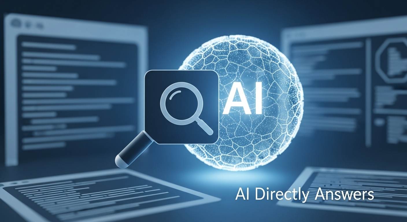 AI가 정보를 직접 제공하여 전통적인 SEO가 어려움을 겪는 제로 클릭 시대의 도전을 상징하는 이미지.