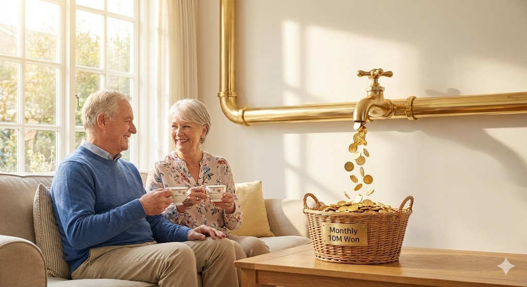 은퇴 후 부부가 함께 여유롭게 차를 마시며 웃고 있는 모습. 그들 뒤로 '월 1,000만 원'이 적힌 든든한 연금 파이프라인이 흐르고 있음