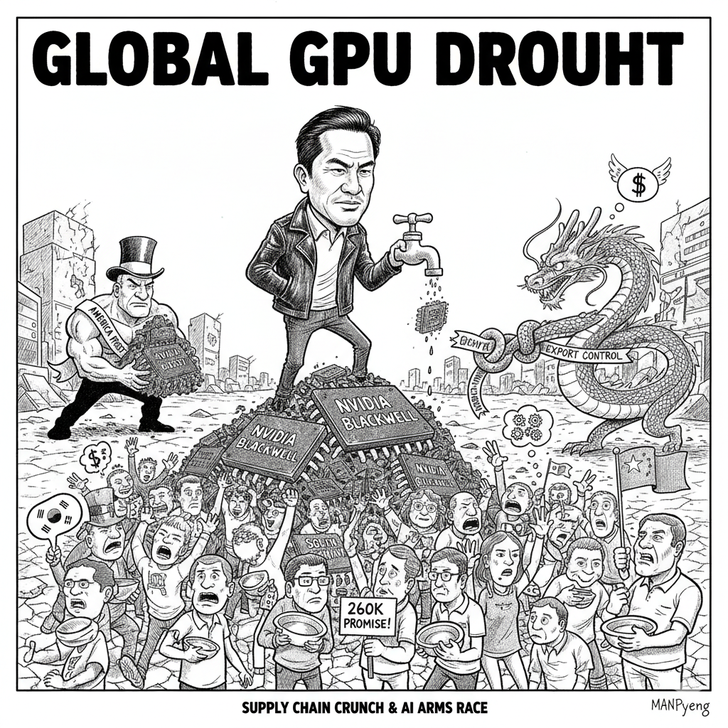 다. 젠슨 황 CEO가 수도꼭지를 들고 GPU가 부족한 전 세계를 바라보고 있습니다. 미국과 중국의 갈등, 그리고 GPU를 기다리는 여러 나라의 모습