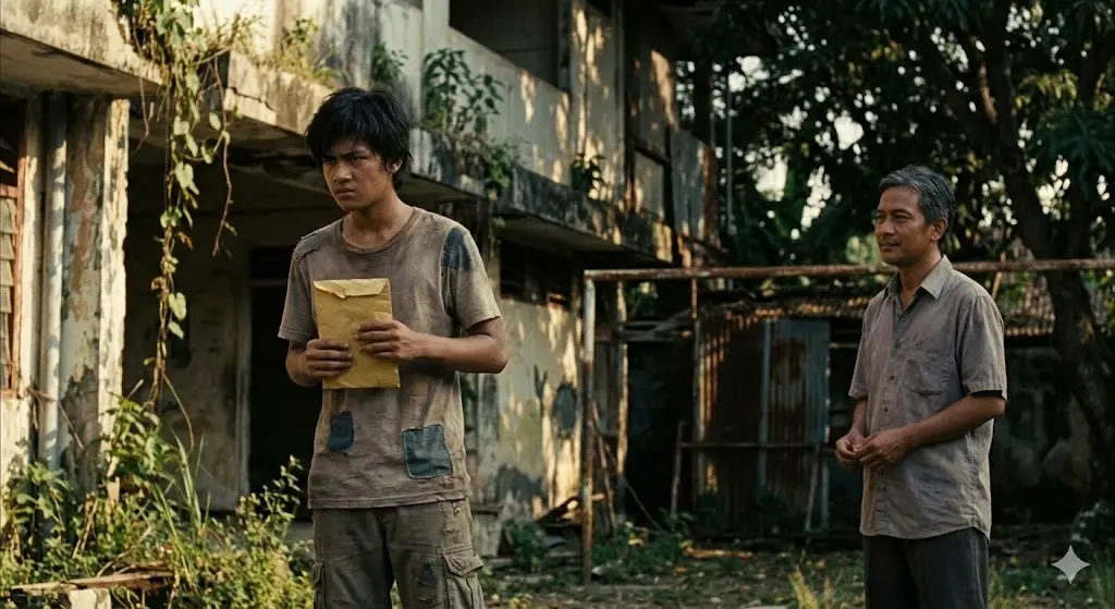 보육원 뒷마당에서 경계심 가득한 눈빛으로 낡은 편지 봉투를 쥔 십 대 소년과, 약간 떨어진 곳에서 무심한 듯 따뜻한 시선으로 그를 바라보는 중년 관리인의 모습