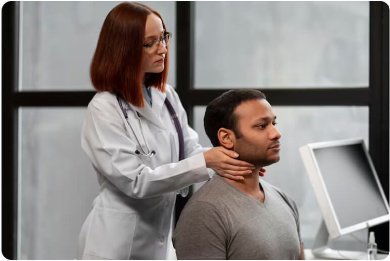 갑상선 이상 여부를 진료하는 의사와 환자