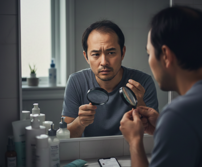 탈모로 고민하고 있는 남자 이미지