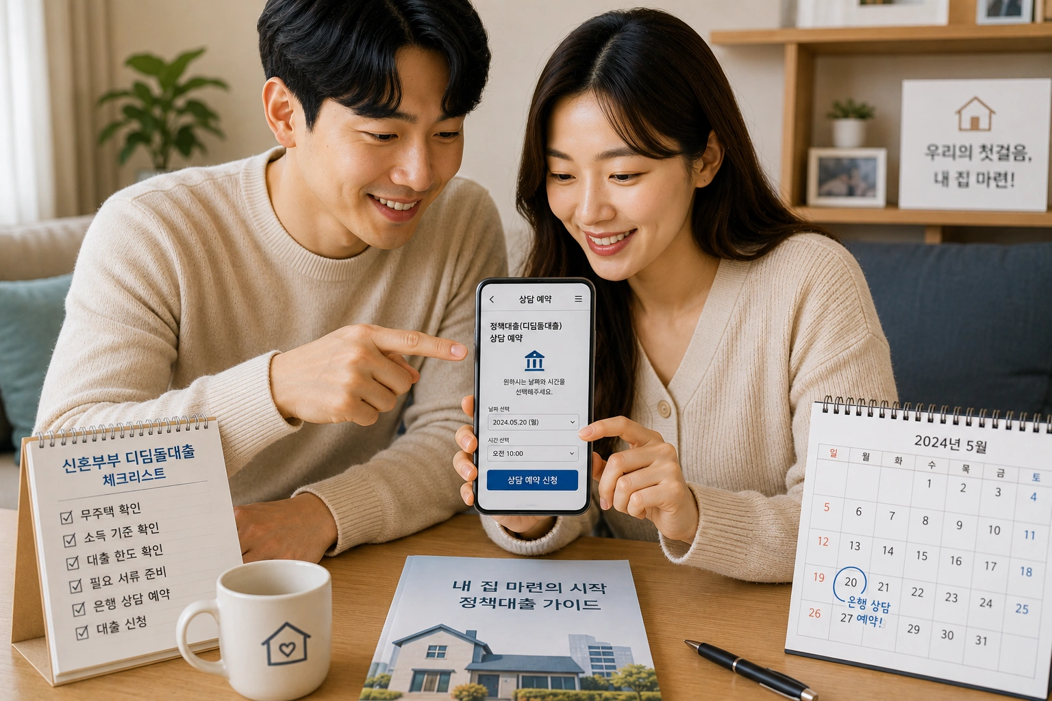 신혼부부가 스마트폰으로 디딤돌대출 은행 상담을 예약하며 신청 일정을 확인하는 모습