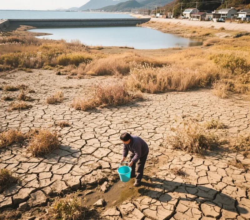 강원도 강릉의 가뭄 현장, 바닥이 갈라진 저수지와 물을 뜨는 주민 모습