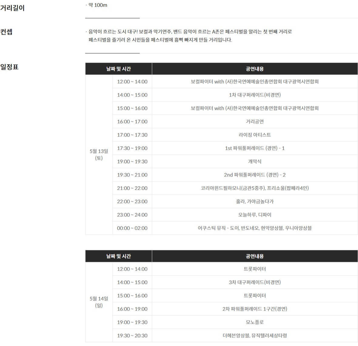 파워풀 대구 페스티벌의 A존 시간별 행사 라인업입니다.