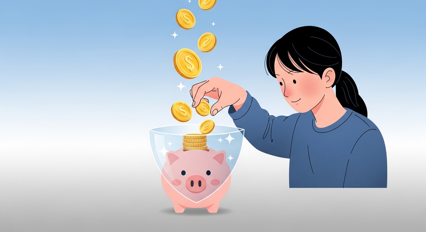 청년의 손이 돼지 저금통에 동전을 쌓고 있고, 위에서 정부 지원금이 떨어지는 모습. 비과세 혜택을 보호막이 감싸고 있어 안정적인 목돈 마련을 시각적으로 보여줌.