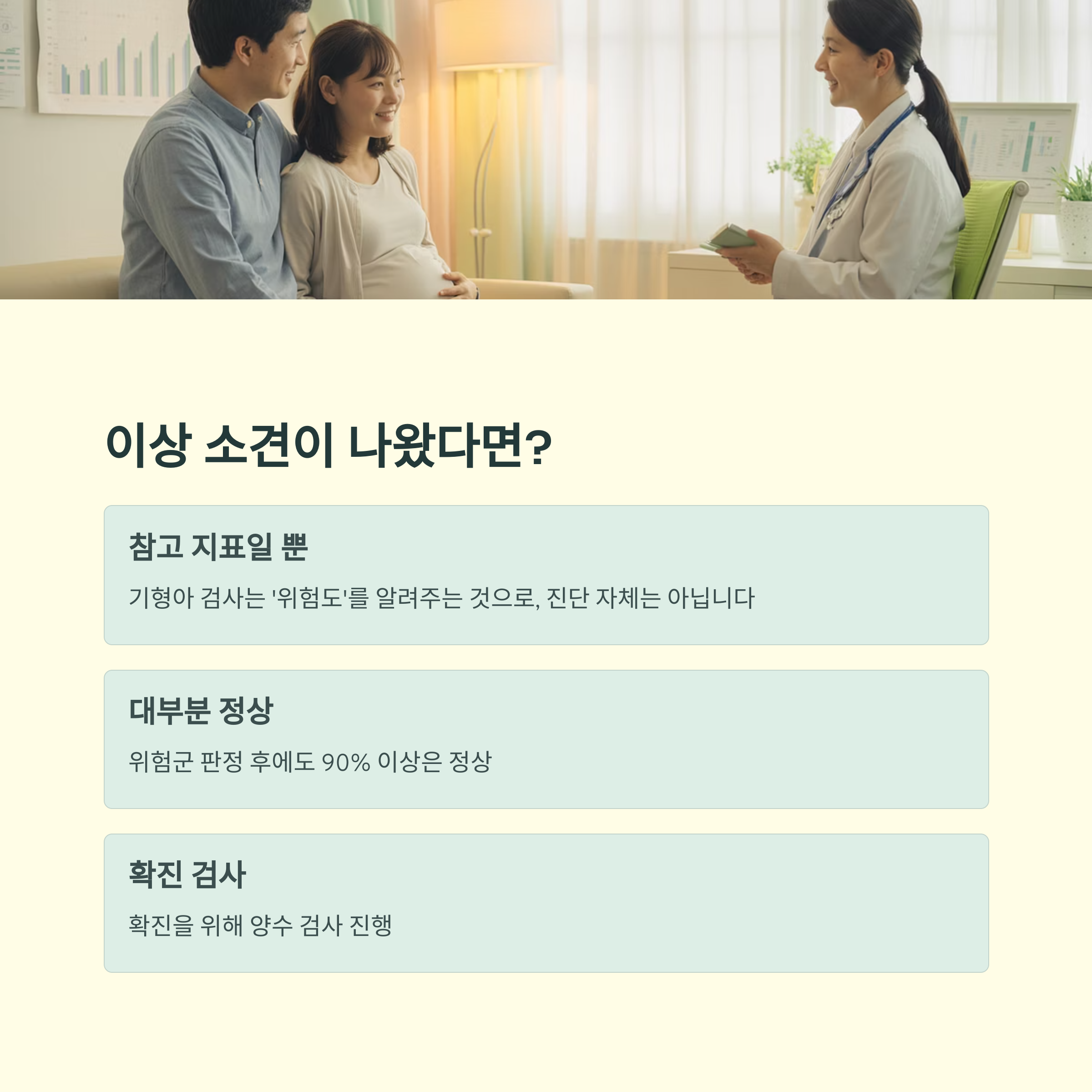 기형아 검사에서 이상 소견이 나왔을 때 참고 지표일 뿐이며, 대부분 정상이며, 확진 검사가 가능하다는 내용을 설명한 인포그래픽 이미지