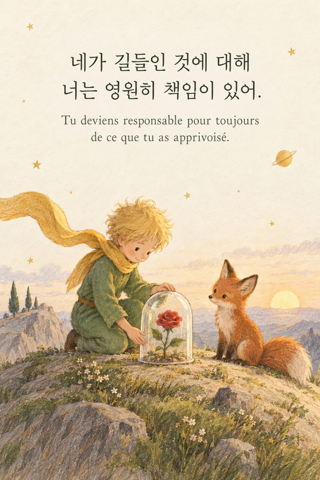 네가 길들인 것에 대해 너는 영원히 책임이 있어. 프랑스어 원문과 함께 담은 어린 왕자 그림 이미지