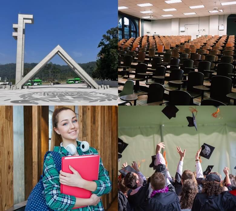 연수휴직제도관련 상단좌측부터 서울대 교문 로고 콘크리트 구조물과 강의실에 텅빈 의자들만 있는 사진이며 하단좌측부터 대학교에서 빨간색 책을 품안에 안고 목에는 이어폰과 오른쪽 어케엔 파란색 가방을 메고 있는 파란눈의 한 여성이 웃으며 서있는 모습과 대학원 졸업식에서 많은 남여 학생이들이 학사모를 하늘로 동시에 던지는 모습