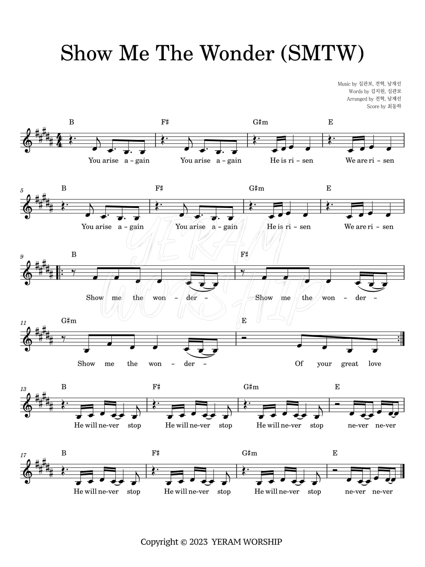 Show Me The Wonder(SMTW)(You arise again)-예람워십 YERAM WORSHIP(B코드/가사/영상/악보)
