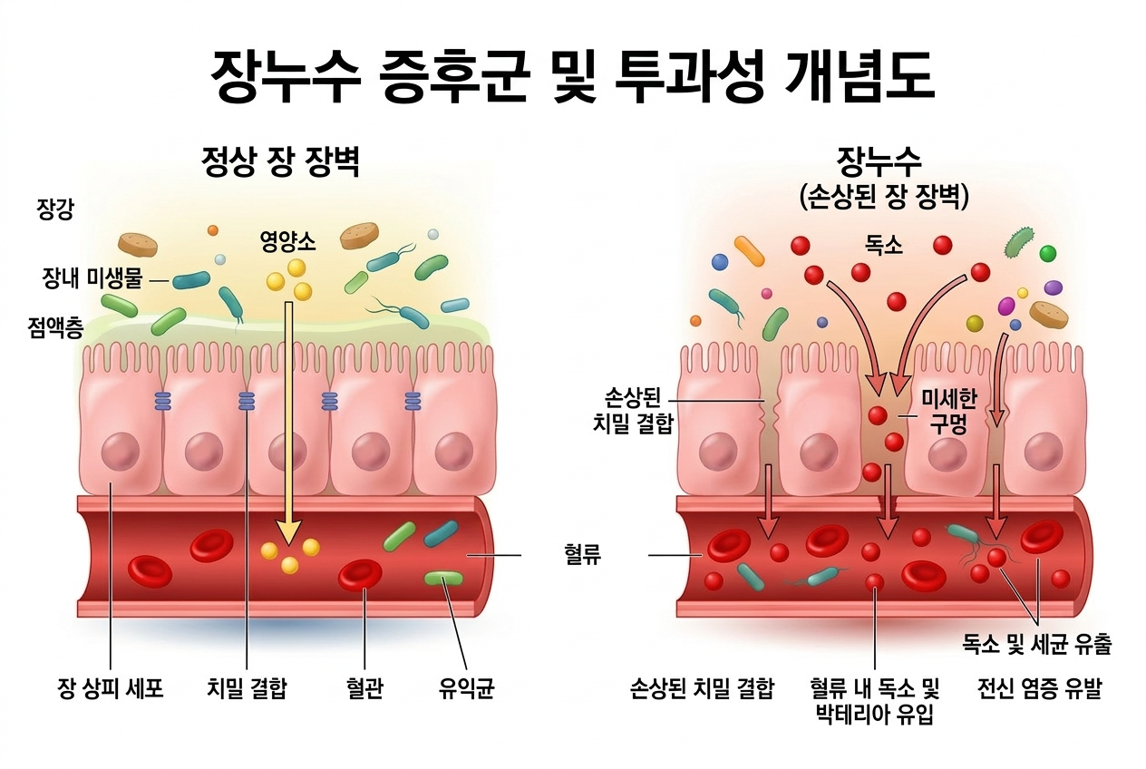 장 점막에 난 미세한 구멍을 통해 붉은색 독소들이 핏속으로 빠져나가는 장누수 증후군 개념도