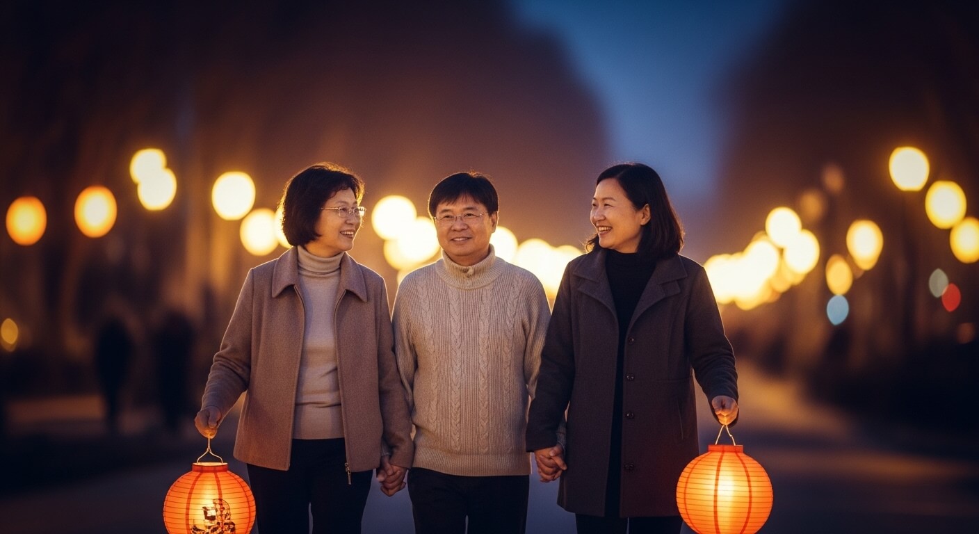 등불을 들고 함께 걸으며 웃고 있는 사람들