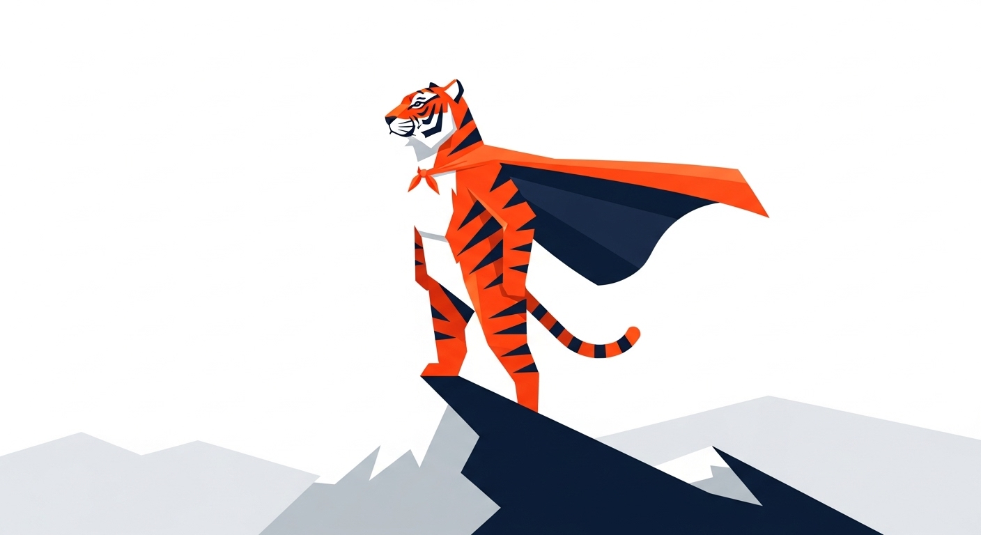 산 정상에 서서 넓은 세상을 바라보며 망토를 휘날리는 리더십 넘치는 호랑이 캐릭터 일러스트