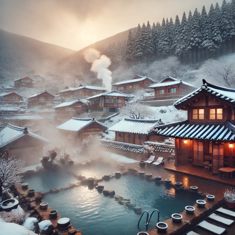 A tranquil winter hot spring in South Korea, 한국 느낌의 노천 온천