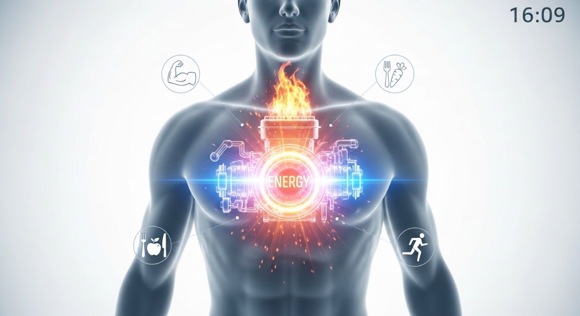 기초대사량(BMR)과 다이어트 원리를 설명하는 인체 대사 에너지 일러스트