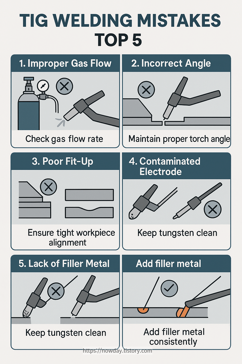 Infographic showing top 5 TIG welding mistakes beginners make, with illustrations and corrective tips for each issu