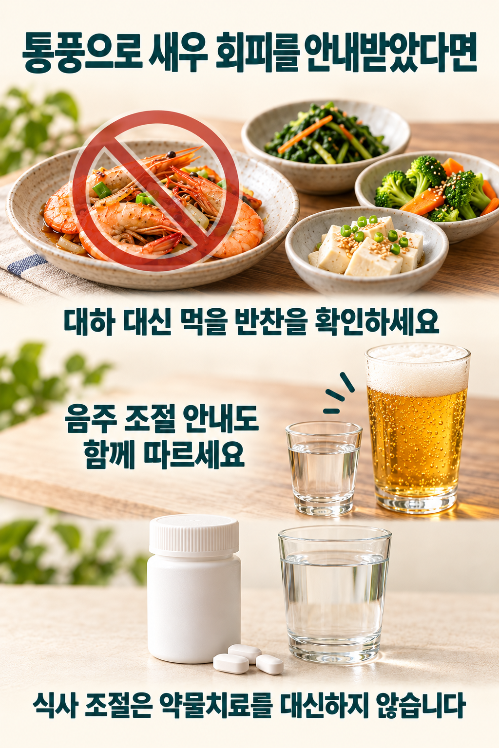 새우 회피를 안내받은 경우의 대체 반찬 확인&middot;음주 조절&middot;약물치료 역할을 구분한 안내