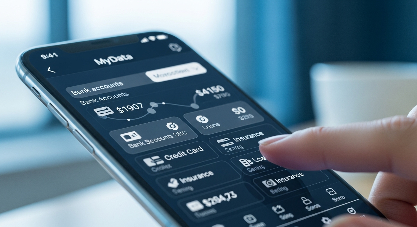 여러 금융 정보를 한눈에 보여주는 마이데이터 앱이 실행된 스마트폰 화면. 손가락이 화면을 터치하고 있다.