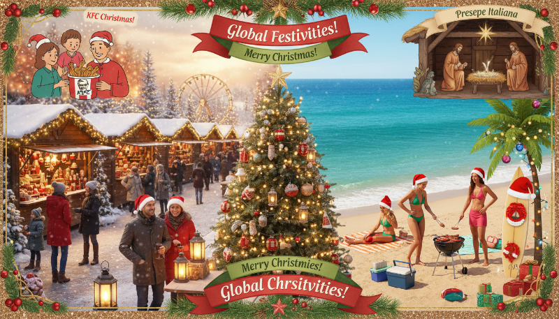 전 세계 여러 나라의 크리스마스 문화를 보여주는 콜라주. 눈 덮인 유럽 크리스마스 시장과 햇살 가득한 호주 해변 바비큐, 일본의 KFC 치킨, 이탈리아의 탄생 장면 등 다채로운 풍경이 어우러져 있습니다.