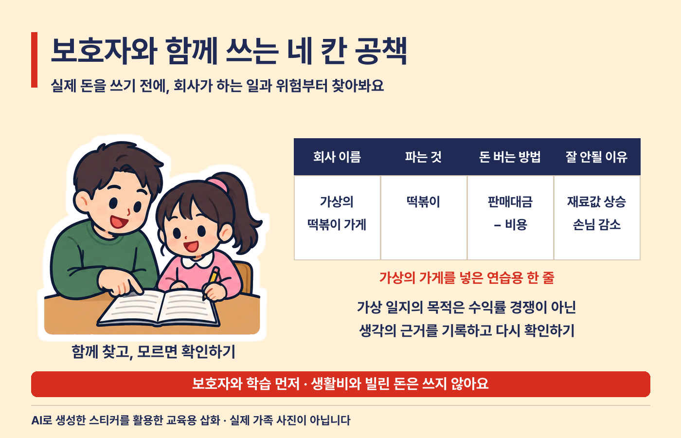 보호자와 함께 회사 이름, 파는 것, 돈 버는 방법, 잘 안될 이유를 적는 네 칸 학습 공책