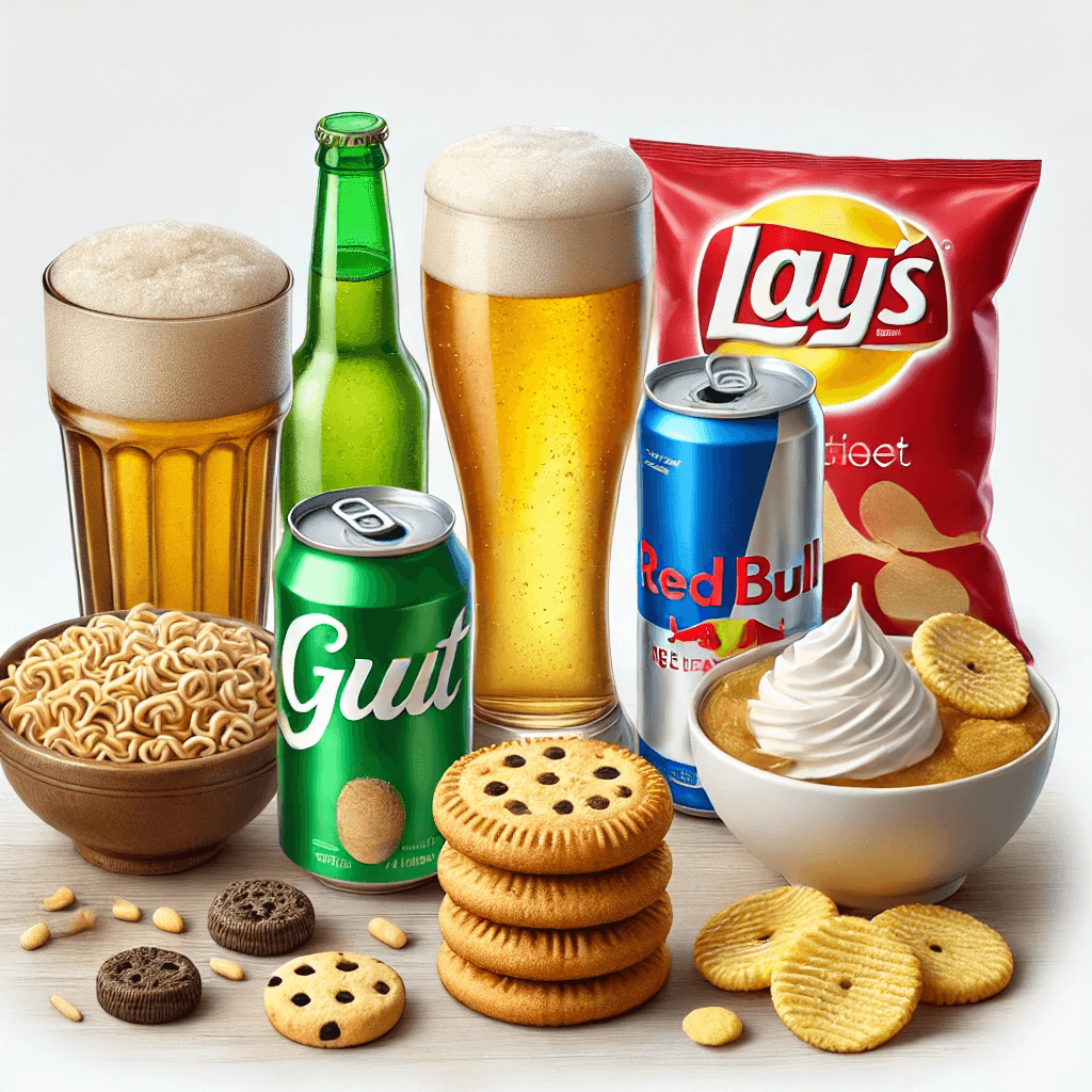 맥주&amp;#44; 라면&amp;#44; 과자&amp;#44; 인스턴트 식품이 세워져 있는 이미지