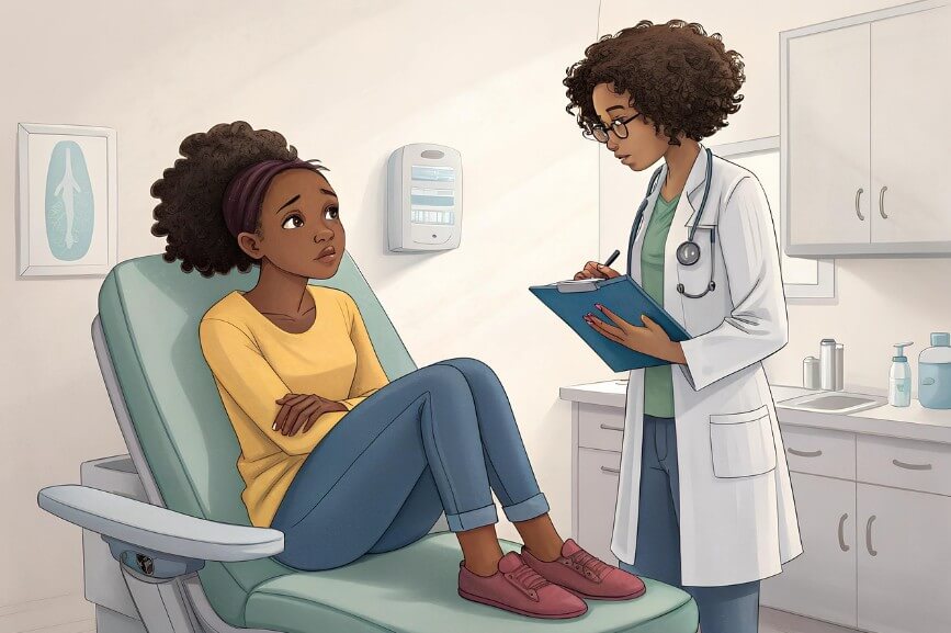 환자와 의사가 증상에 대해서 얘기하는 모습