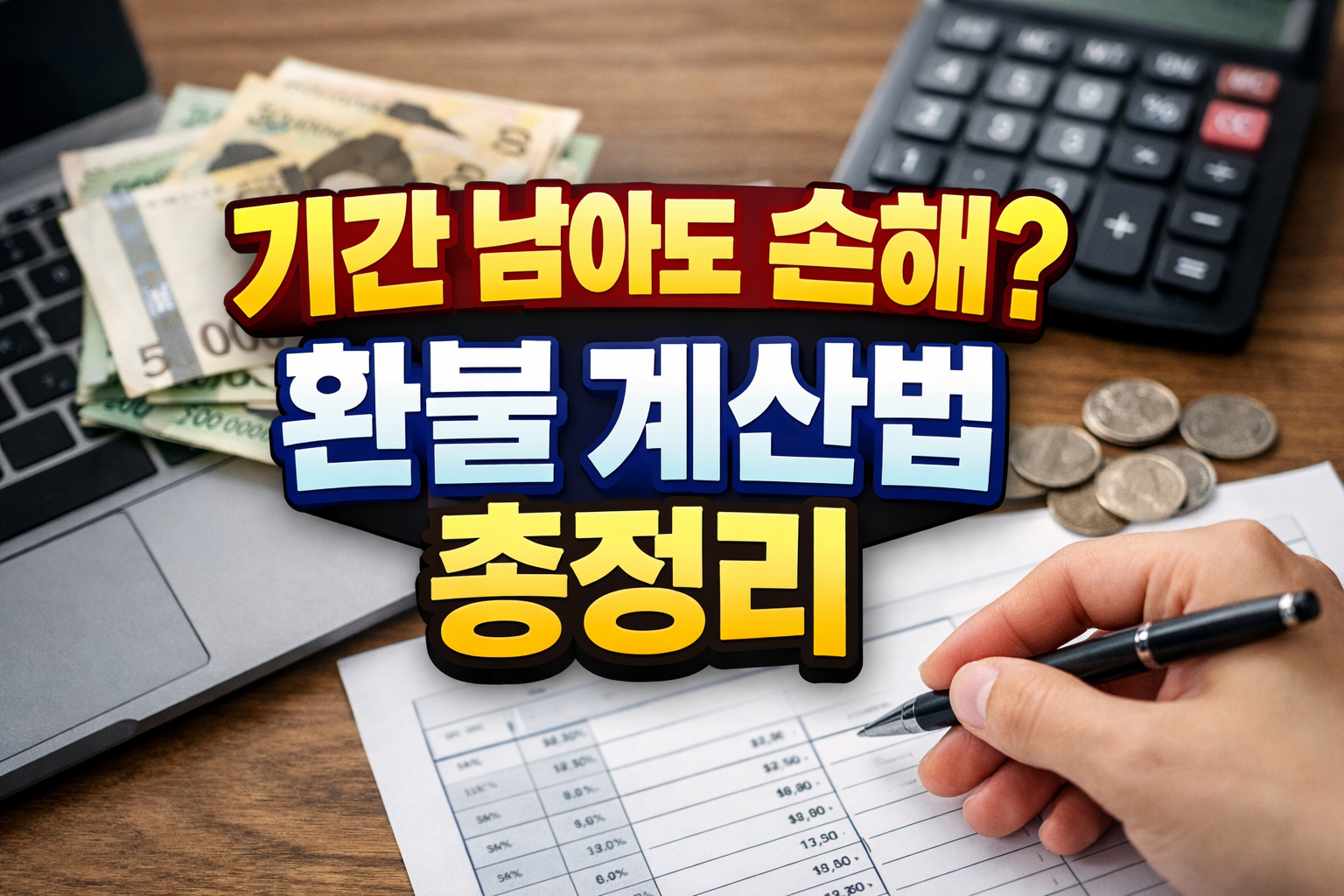 기후동행카드 환불 계산법을 설명하는 이미지, 계산기와 현금, 환불 계산표를 작성하는 손 모습