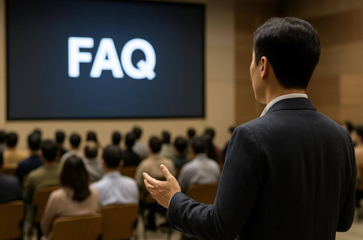 발표자가 청중 앞에서 FAQ 화면을 배경으로 설명하는 장면.