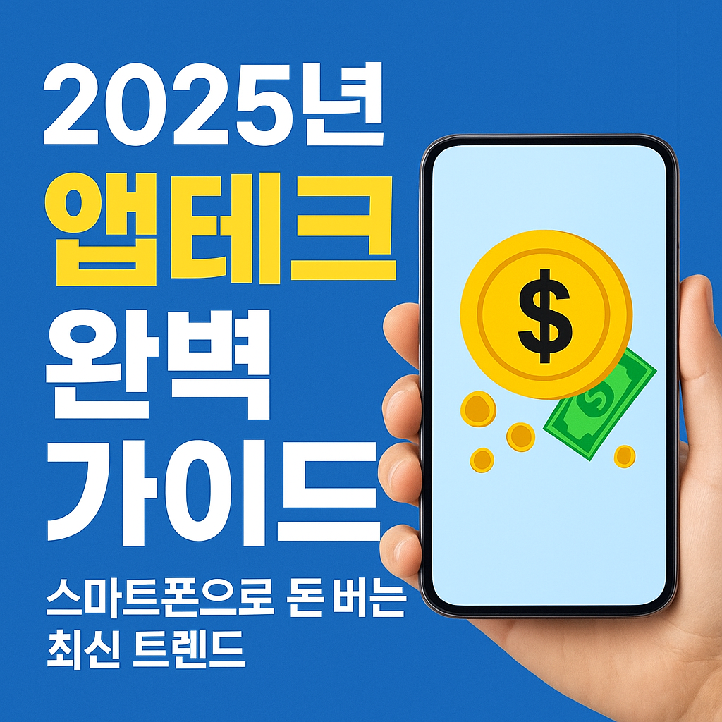 '2025년 앱테크 완벽 가이드'라는 제목의 파란색 홍보 이미지. '스마트폰으로 돈 버는 최신 트렌드'라는 부제가 있으며, 한 손에 들린 스마트폰 화면에 달러 기호가 있는 노란색 코인과 돈다발이 표시되어 있다.