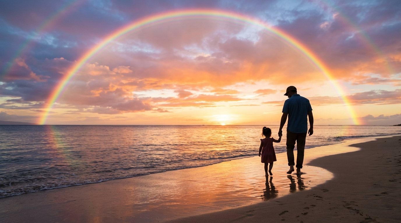 거친 파도가 지나간 뒤 무지개 뜬 바다를 보며 아이의 손을 잡고 든든하게 서 있는 아빠의 뒷모습