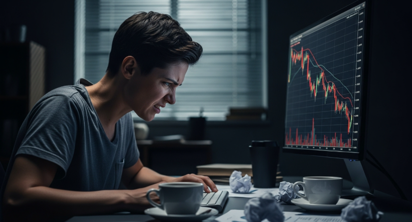 A person sitting in a dimly lit room, looking stressed and frustrated while staring at a complex stock chart on a computer screen showing a downward trend. The style should be realistic with a slight dramatic flair.