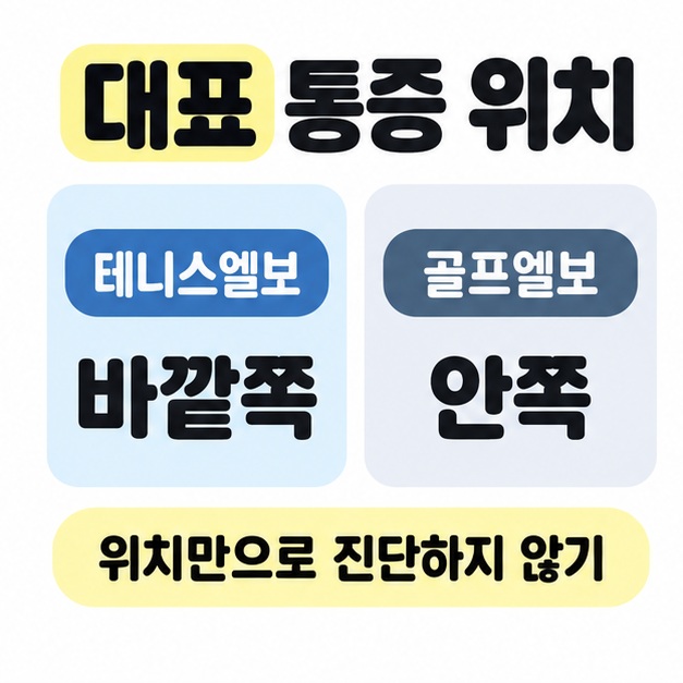 테니스엘보는 바깥쪽, 골프엘보는 안쪽이 대표 통증 위치이며 위치만으로 진단하지 않도록 안내하는 비교 이미지