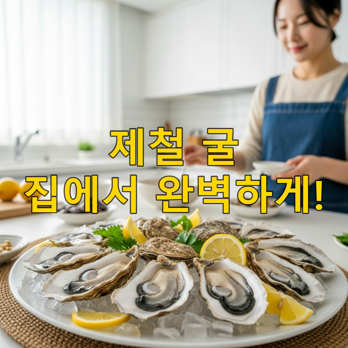신선하게 손질된 통영 및 서산 제철 굴이 얼음 위에 놓여있고, 뒤편으로 요리하는 한국 여성이 보이는 먹음직스러운 모습.
