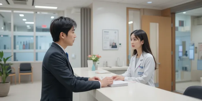 대장내시경 비용을 접수처에서 문의하는 장면