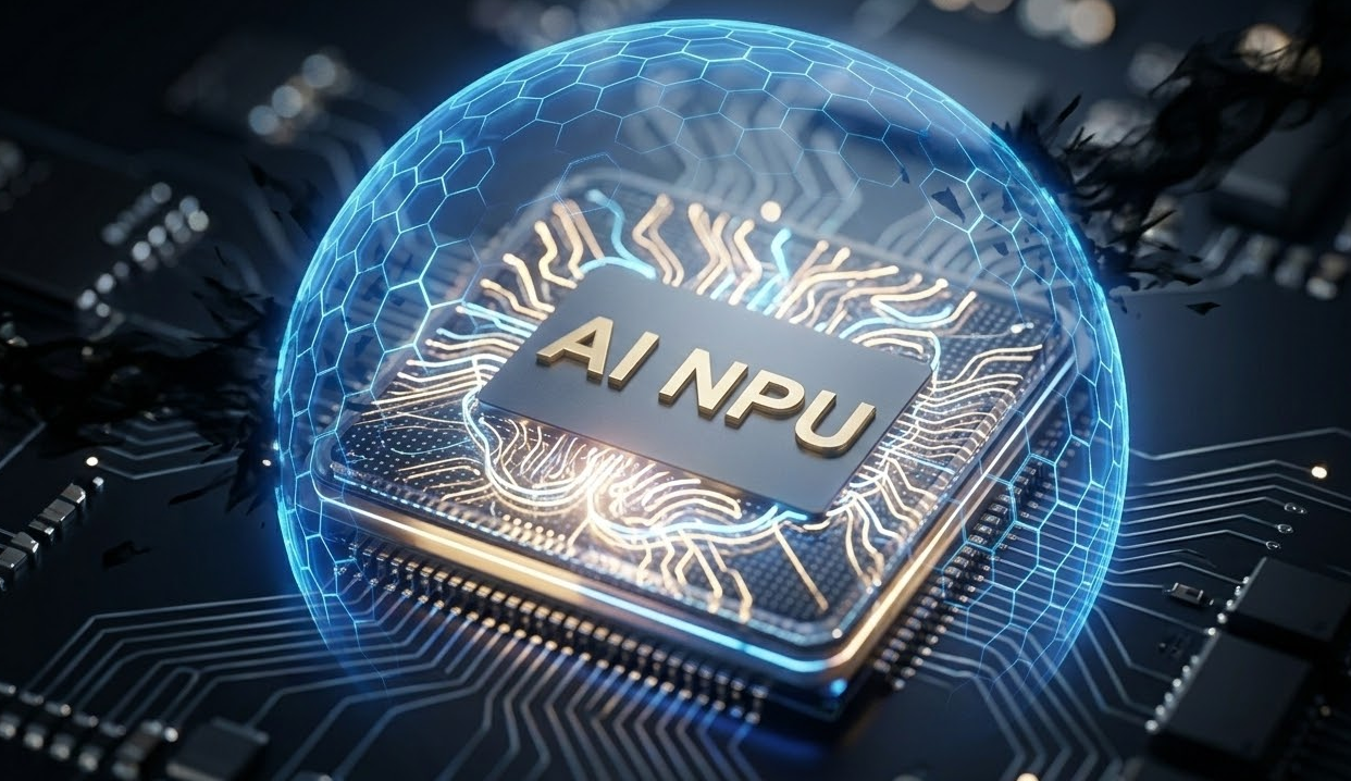 AI NPU' 텍스트가 박힌 반도체 칩셋과 생물학적 신경망을 닮은 미세 회로들의 시각화 이미지