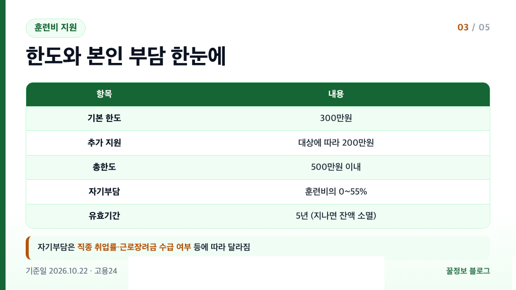 내일배움카드 훈련비 한도 300만원 추가 200만원 자기부담 0~55퍼센트 유효기간 5년 표