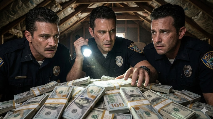 다락방에 산더미처럼 쌓인 2천만 달러의 돈다발을 손전등으로 비추며 탐욕과 갈등에 휩싸인 마이애미 마약 단속팀원들의 클로즈업