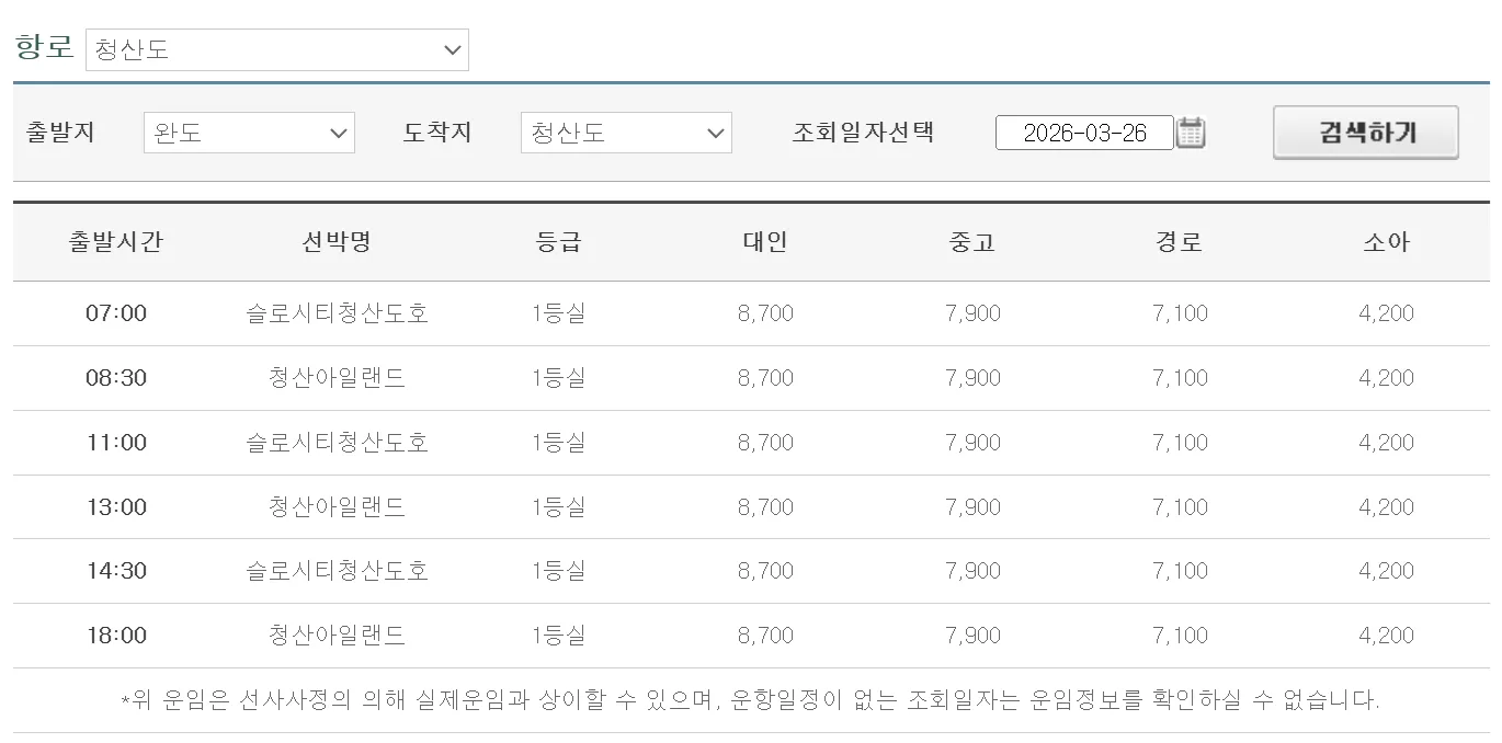 완도 청산도 배 시간 운임