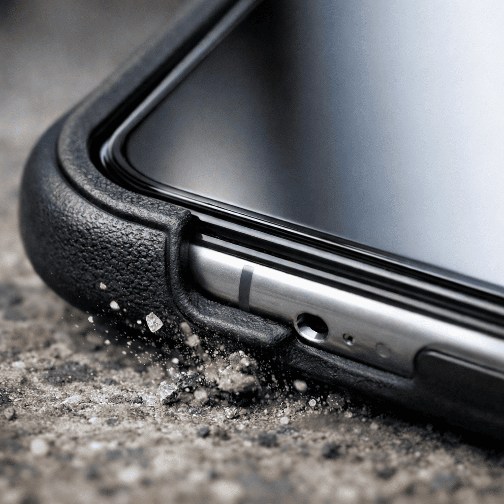 스마트폰 케이스의 테두리가 액정보다 높게 설계되어 바닥에 떨어졌을 때 화면에 직접적인 충격이 가해지지 않도록 보호하는 구조를 보여주는 접사 사진이다.