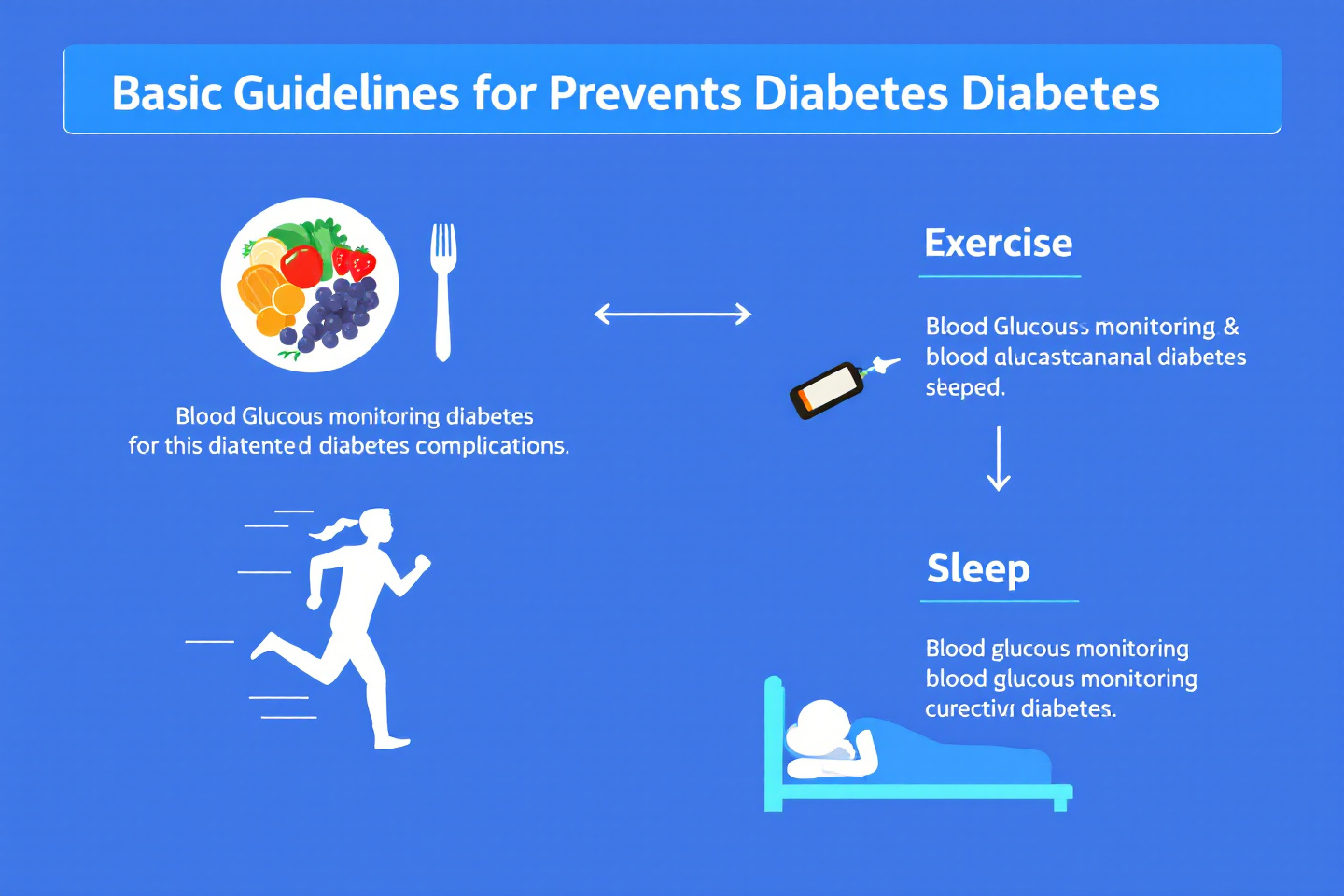 "당뇨병 합병증 예방을 위한 기본 관리 수칙 다이어그램: 식사, 운동, 혈당측정, 수면 등"
